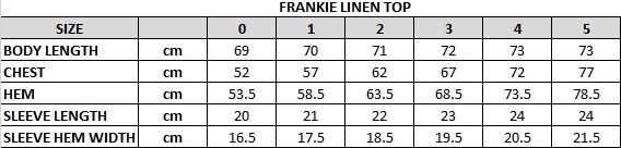 Frankie Line Top Size Chart
