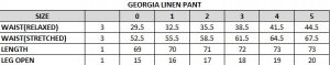 Georgia Linen Pant Size Chart