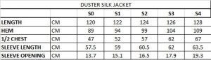 DUSTER SILK SIZE CHART